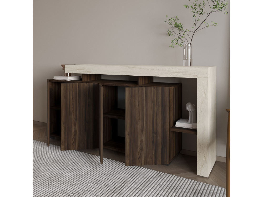 Beliz" wooden sideboard - 170 x 35 x 80 cm - Travertine / Walnut