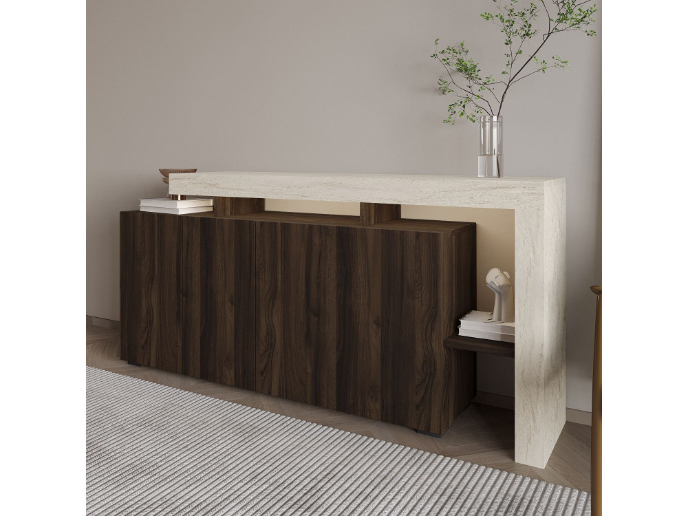 Beliz" wooden sideboard - 170 x 35 x 80 cm - Travertine / Walnut