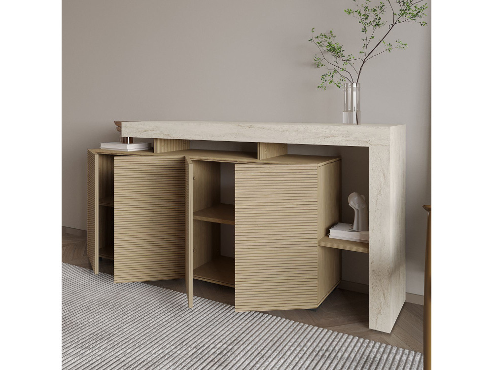Beliz" wooden sideboard - 170 x 35 x 80 cm - Travertine / Warm Oak