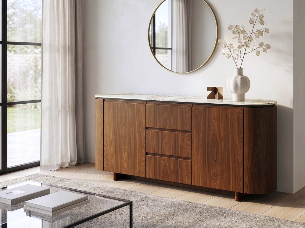 Stonea" wooden sideboard with ceramic top - 180 x 40 x 85 cm - Brown