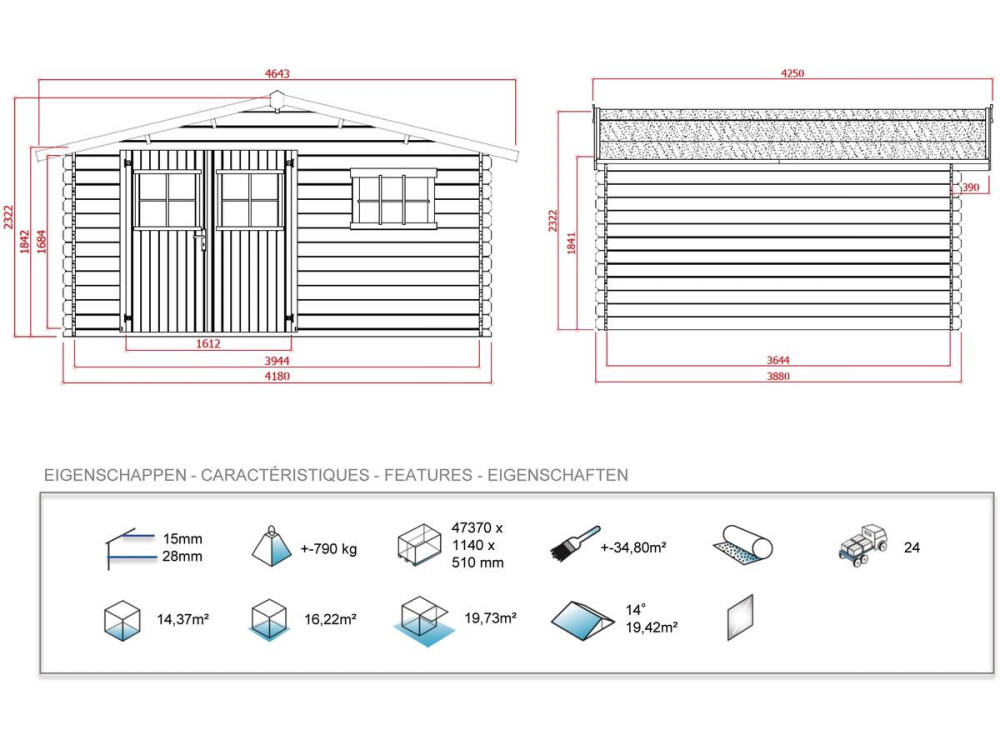 Wooden garden shed - 19.72 m² - 4.64 x 4.25 x 2.32 m - 28 mm