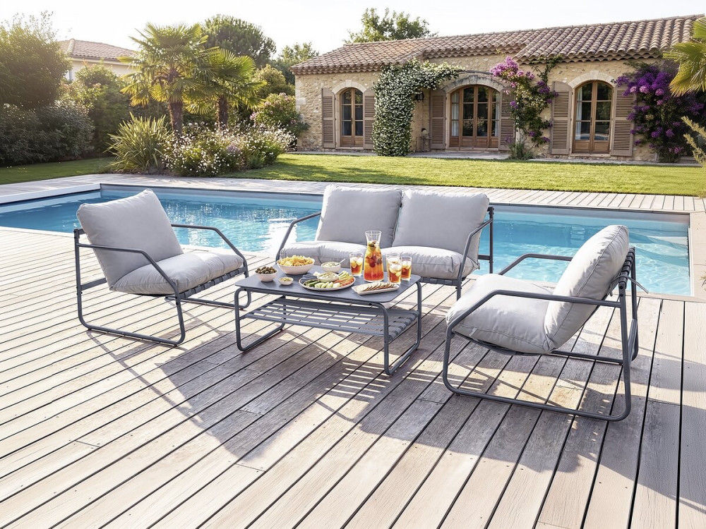 Sora" metal garden furniture set with cushions - 4 seats - Grey