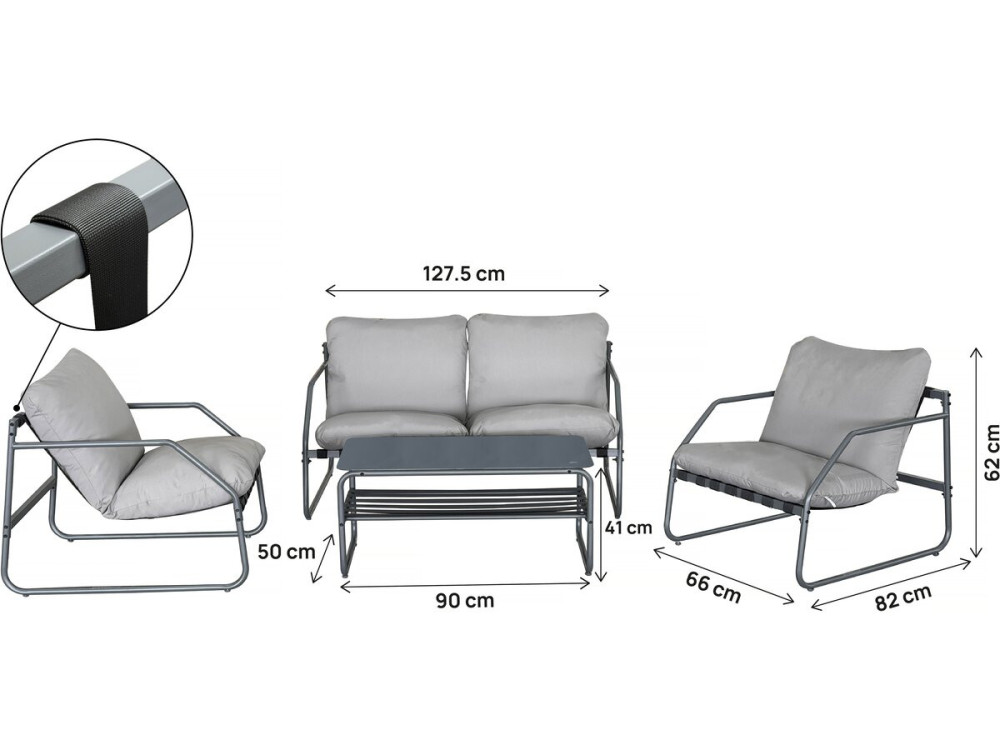 Sora" metal garden furniture set with cushions - 4 seats - Grey