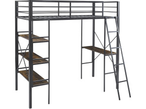 "Raphaël" Metal Loft Bed with Desk - 190 x 90 cm - Black