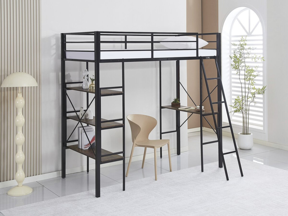 "Raphaël" Metal Loft Bed with Desk - 190 x 90 cm - Black