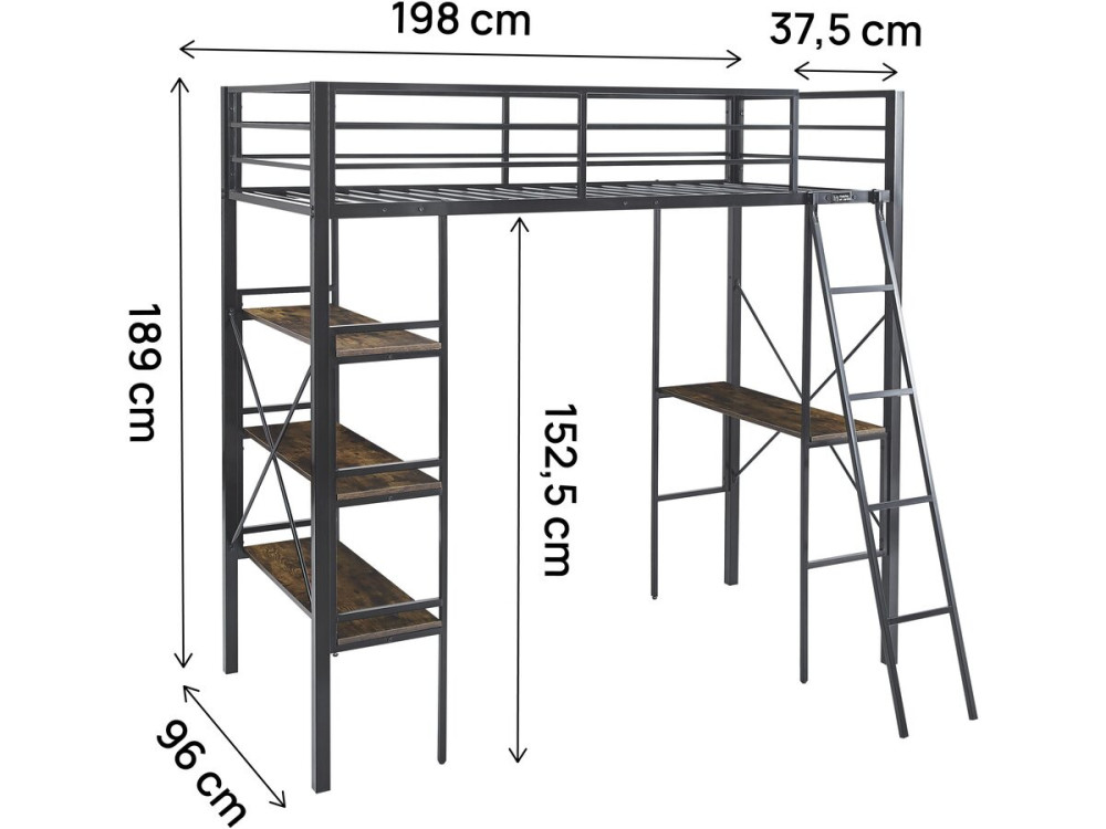 "Raphaël" Metal Loft Bed with Desk - 190 x 90 cm - Black