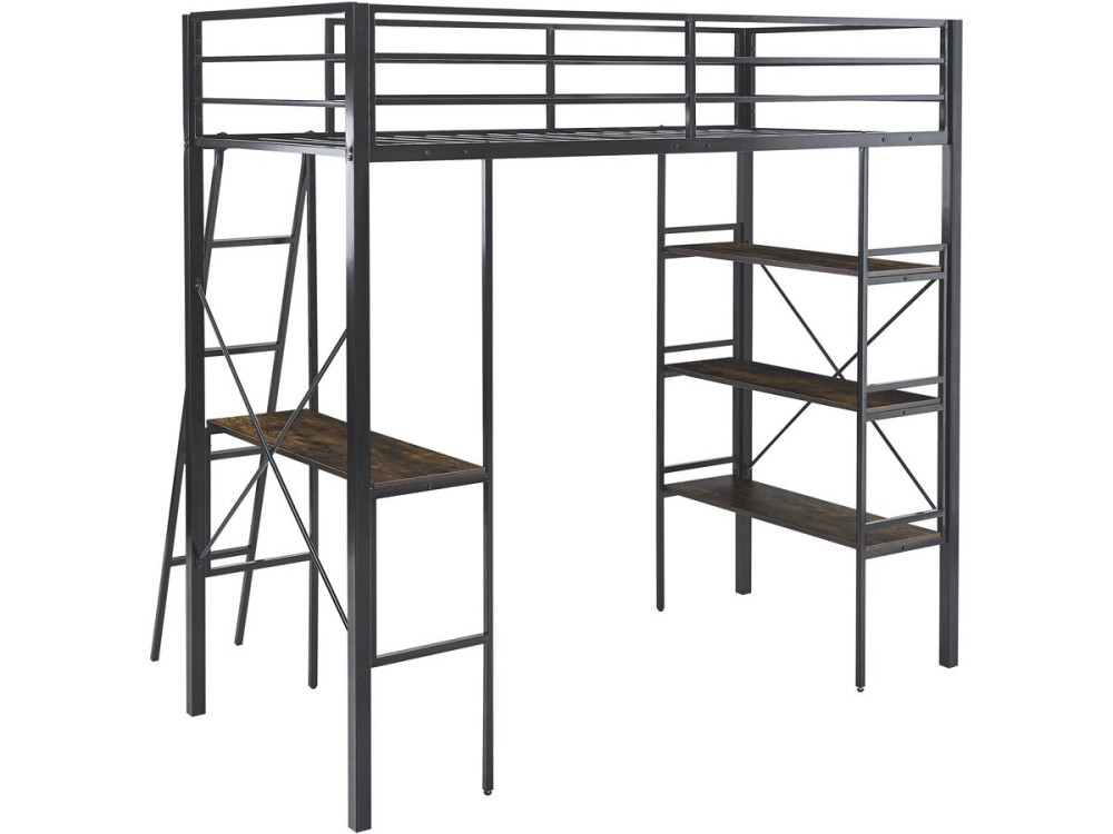 "Raphaël" Metal Loft Bed with Desk - 190 x 90 cm - Black