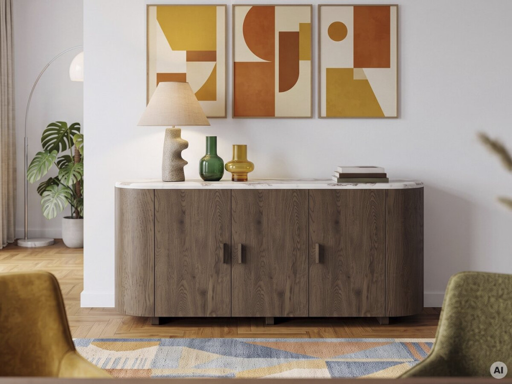"Azya" Wooden Sideboard with Ceramic Top - 160 x 45 x 75 cm - Brown