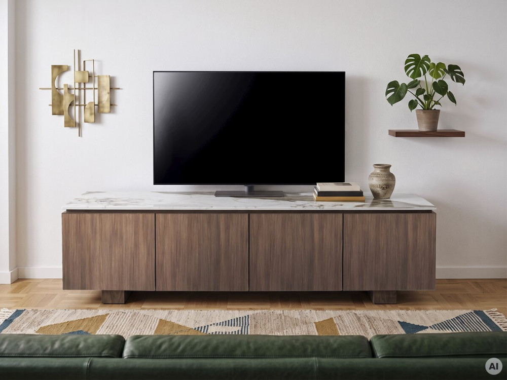 "Elma" Wooden TV Stand with Ceramic Top - 160 x 45 x 45 cm - Brown