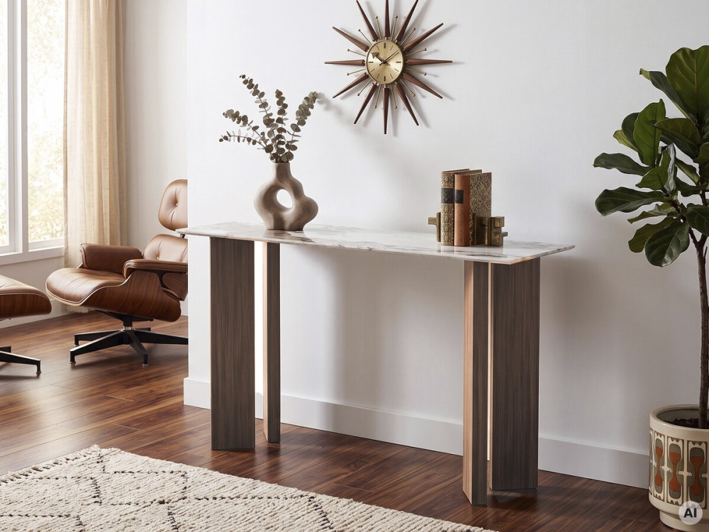 "Elma" Wooden Console Table with Ceramic Top - 140 x 40 x 80 cm - Brown