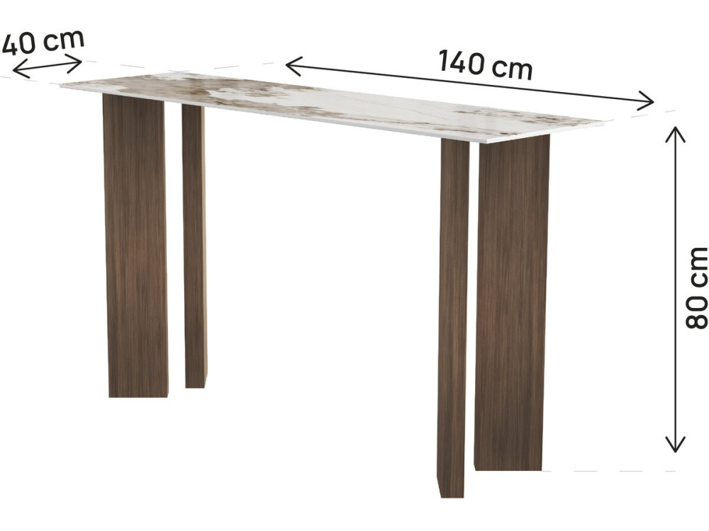 "Elma" Wooden Console Table with Ceramic Top - 140 x 40 x 80 cm - Brown
