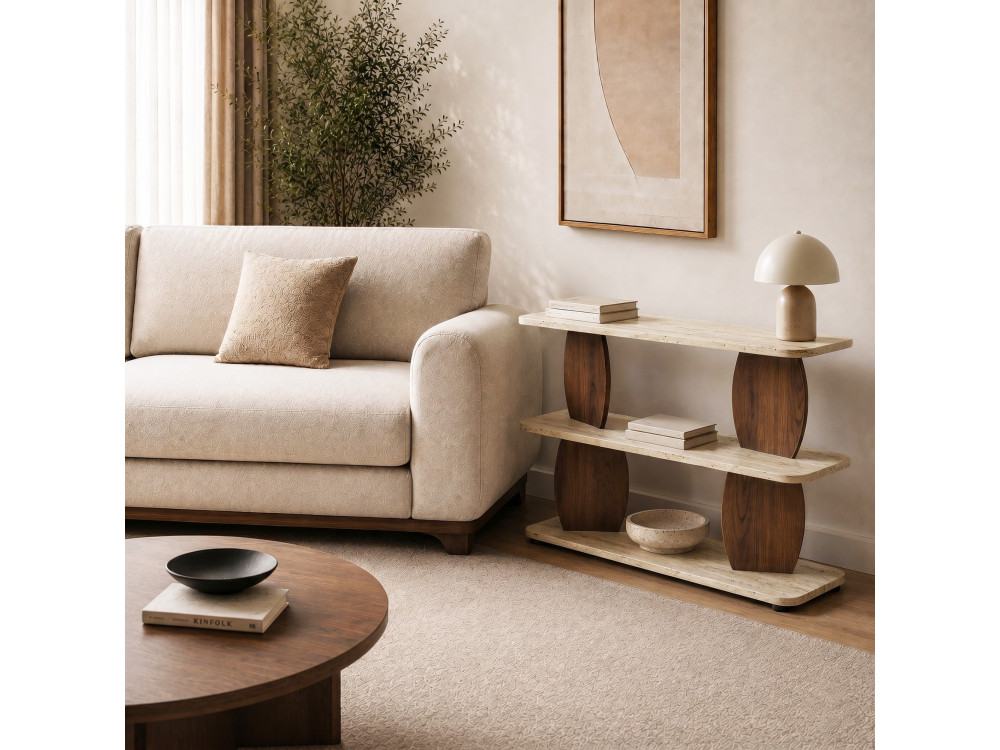 "Armonia" Wooden Side Table - 90 x 30 x 70 cm - Travertine / Walnut