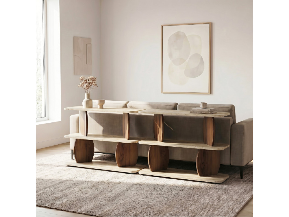 "Armonia" Wooden Side Table - 90 x 30 x 70 cm - Travertine / Walnut