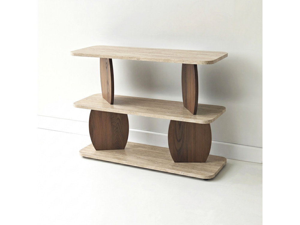 "Armonia" Wooden Side Table - 90 x 30 x 70 cm - Travertine / Walnut