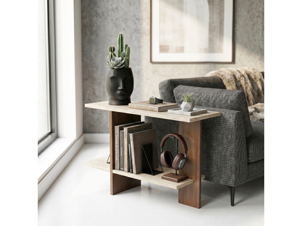 "Essenziale" Wooden Side Table - 80 x 30 x 55 cm - Travertine / Walnut