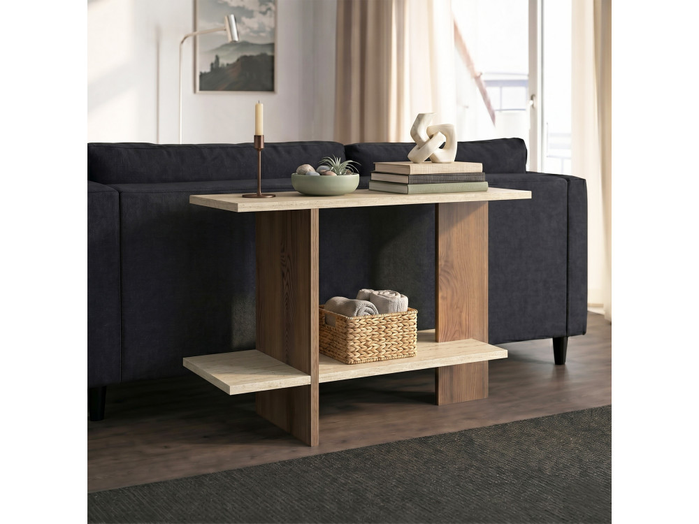 "Essenziale" Wooden Side Table - 80 x 30 x 55 cm - Travertine / Walnut