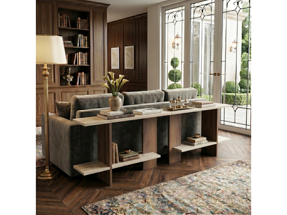 "Essenziale" Wooden Side Table - 80 x 30 x 55 cm - Travertine / Walnut