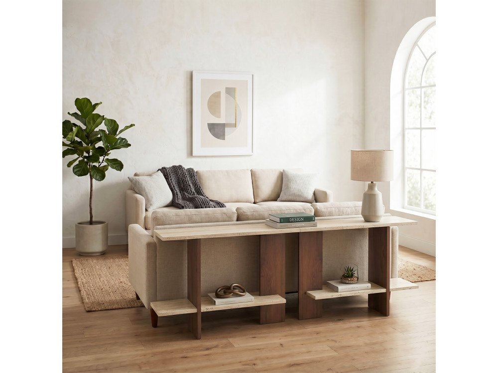 "Essenziale" Wooden Side Table - 80 x 30 x 55 cm - Travertine / Walnut