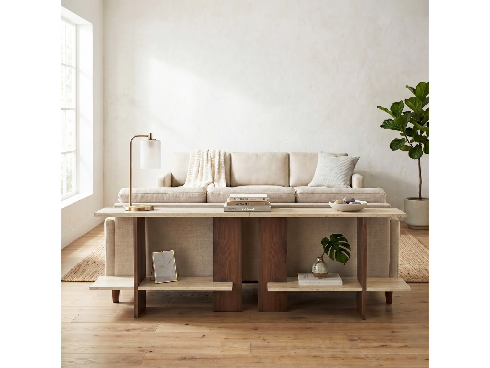 "Essenziale" Wooden Side Table - 80 x 30 x 55 cm - Travertine / Walnut