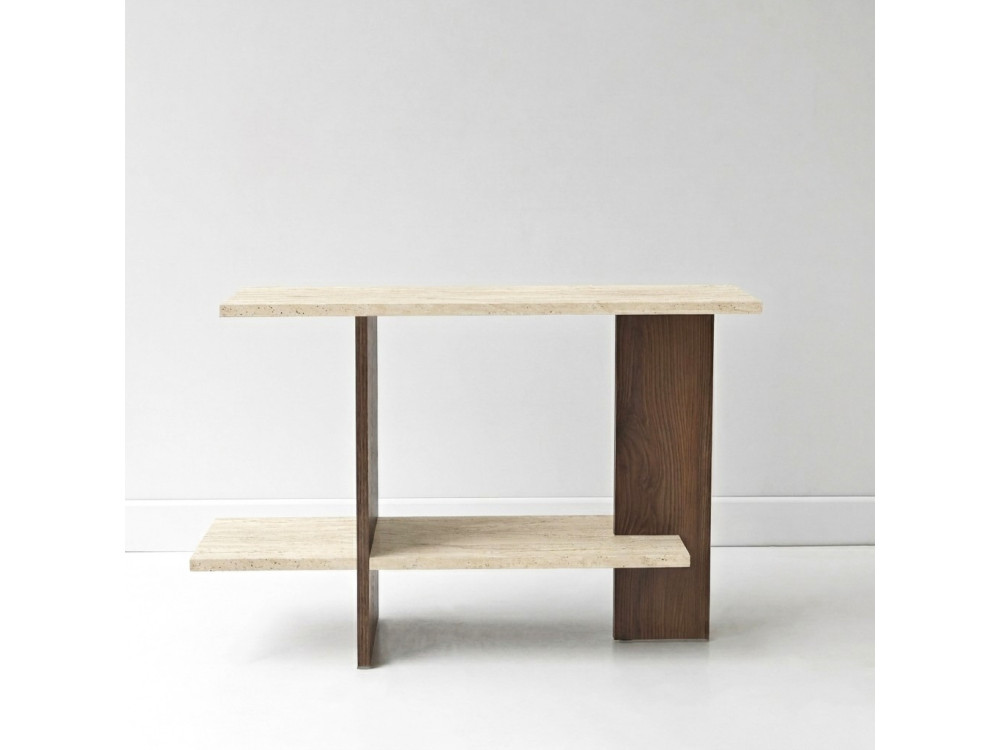 "Essenziale" Wooden Side Table - 80 x 30 x 55 cm - Travertine / Walnut