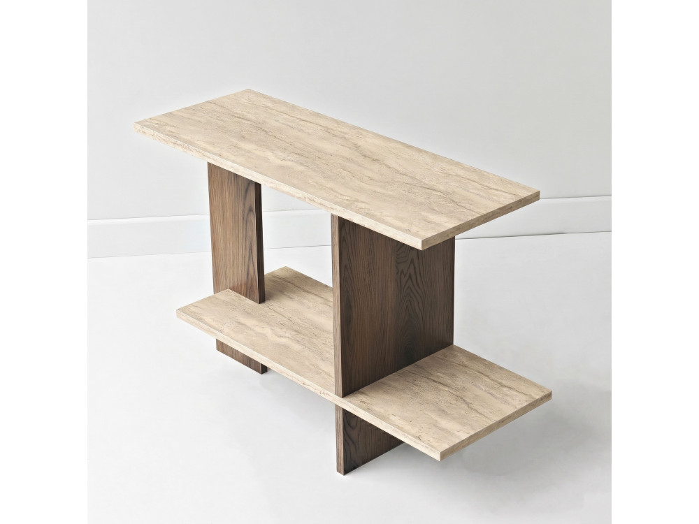 "Essenziale" Wooden Side Table - 80 x 30 x 55 cm - Travertine / Walnut