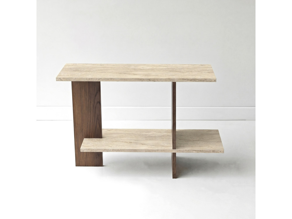 "Essenziale" Wooden Side Table - 80 x 30 x 55 cm - Travertine / Walnut