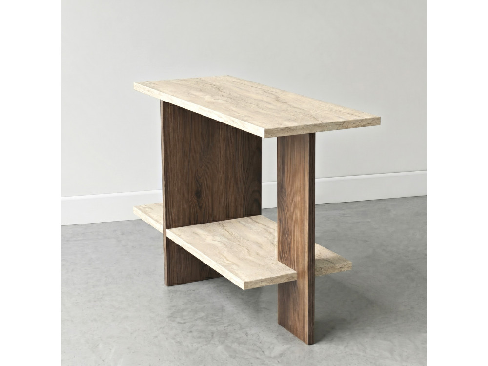 "Essenziale" Wooden Side Table - 80 x 30 x 55 cm - Travertine / Walnut