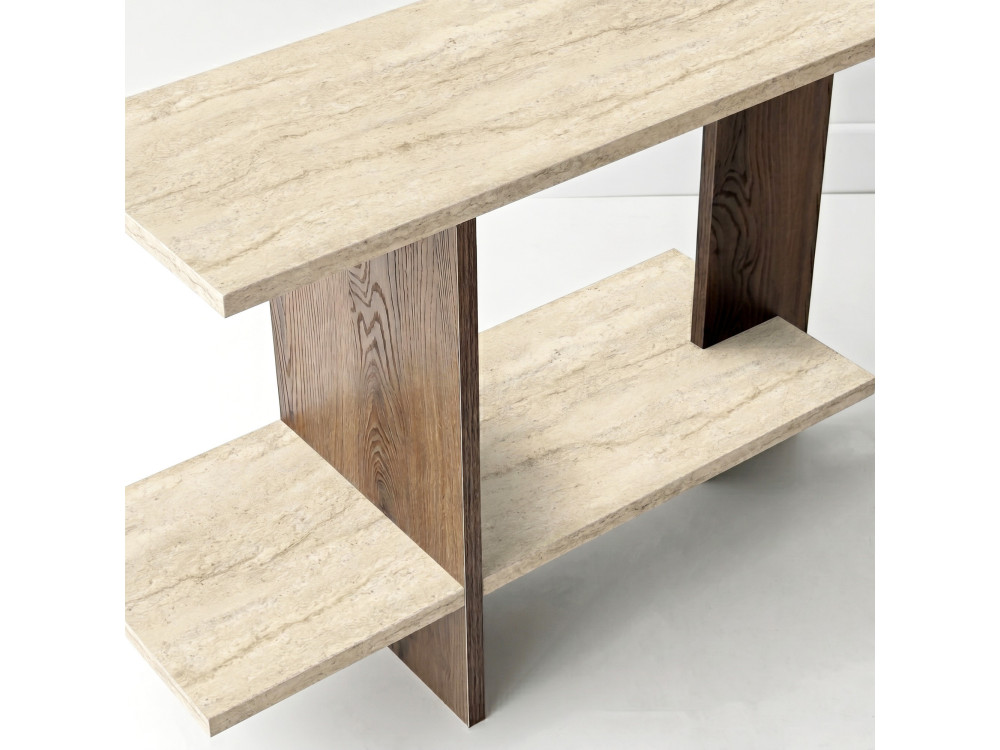 "Essenziale" Wooden Side Table - 80 x 30 x 55 cm - Travertine / Walnut