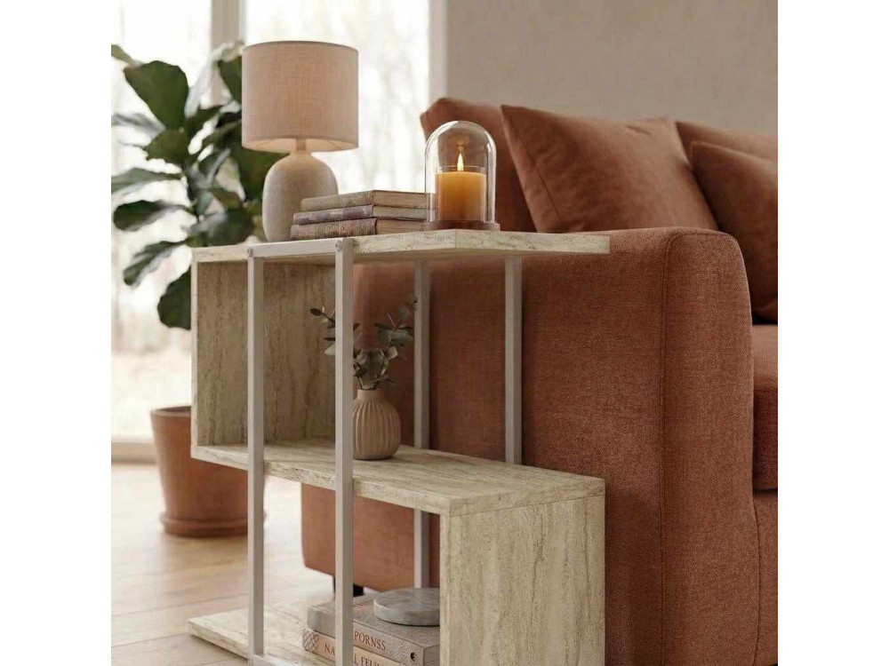 "HOMIA" Wooden Side Table - 56 x 25 x 56 cm - Travertine
