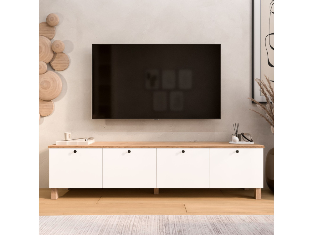 "Nord" Wooden TV Stand - 180 x 34 x 45 cm - White / Oak