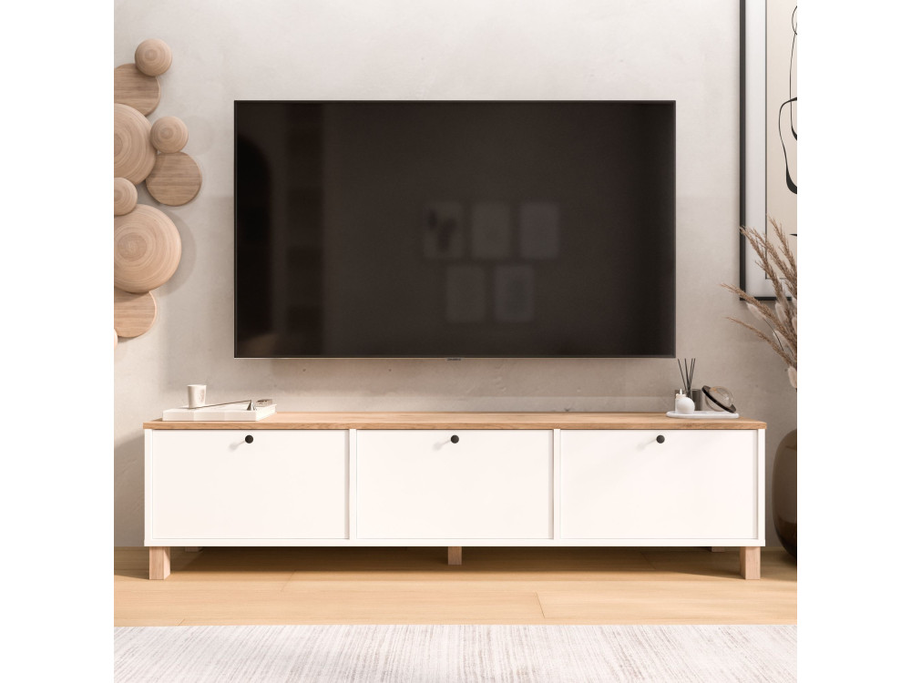 "Nord" Wooden TV Stand - 180 x 32 x 45 cm - White / Oak