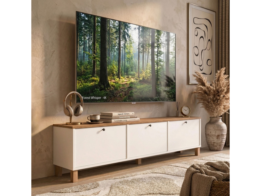"Nord" Wooden TV Stand - 180 x 32 x 45 cm - White / Oak