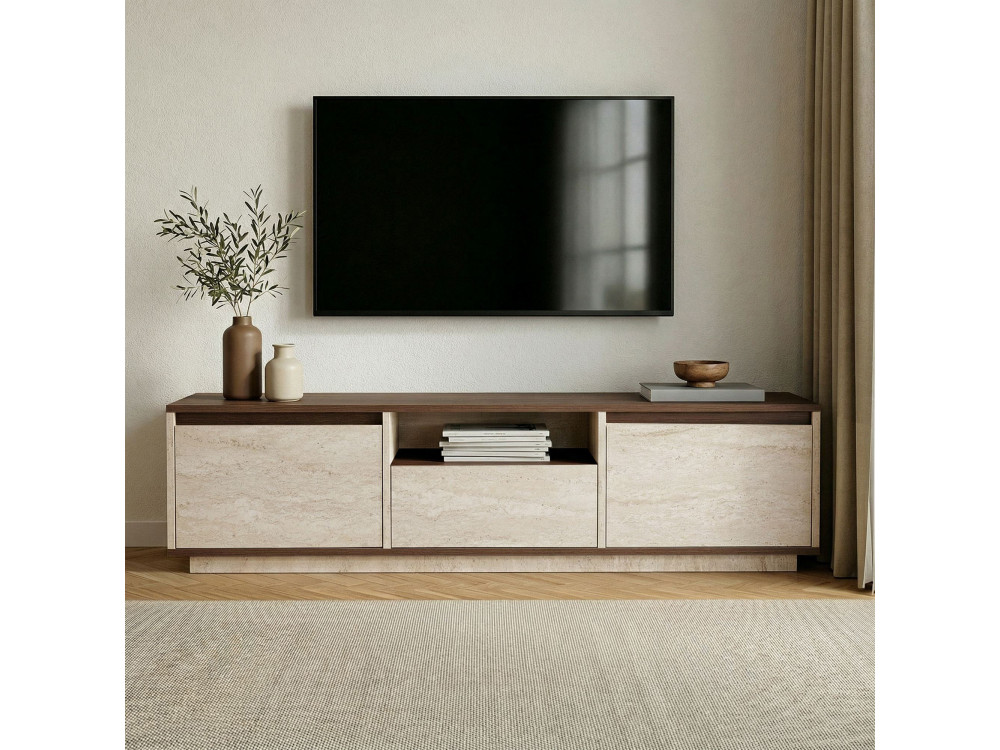 "Sentinel" Wooden TV Stand - 160 x 30 x 42 cm - Travertine / Milano Walnut