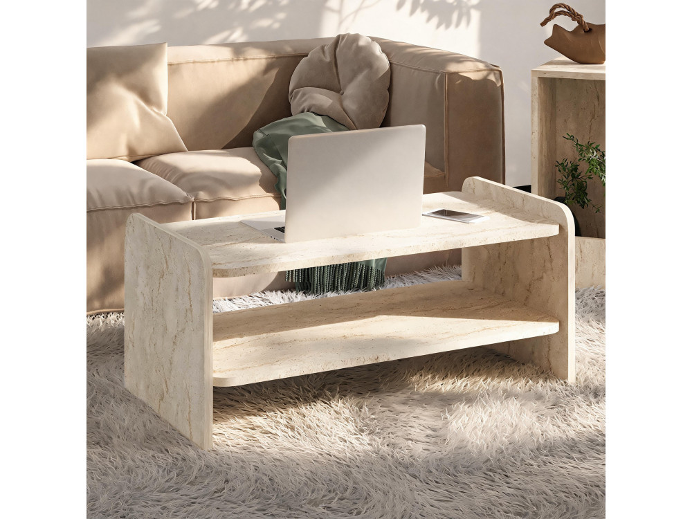 "Amon" Wooden Coffee Table - 89.8 x 39.8 x 44.8 cm - Travertine
