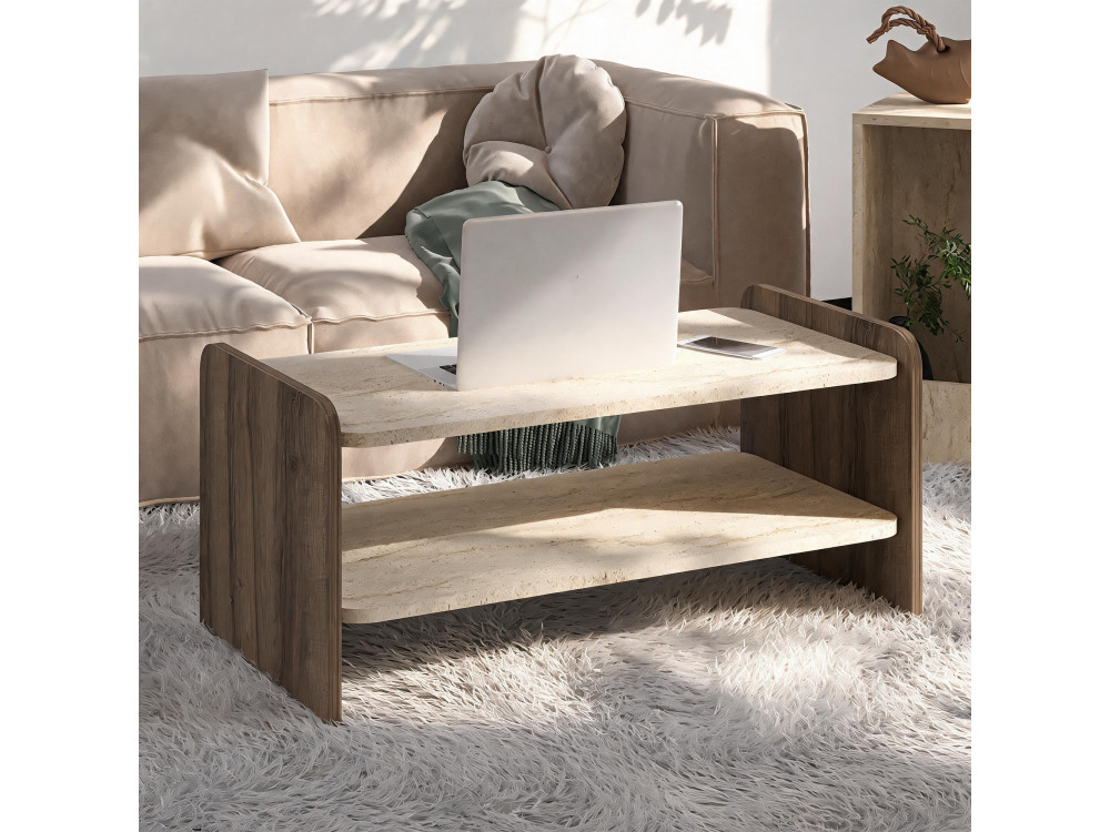 "Amon" Wooden Coffee Table - 89.8 x 39.8 x 44.8 cm - Travertine / Antique Walnut
