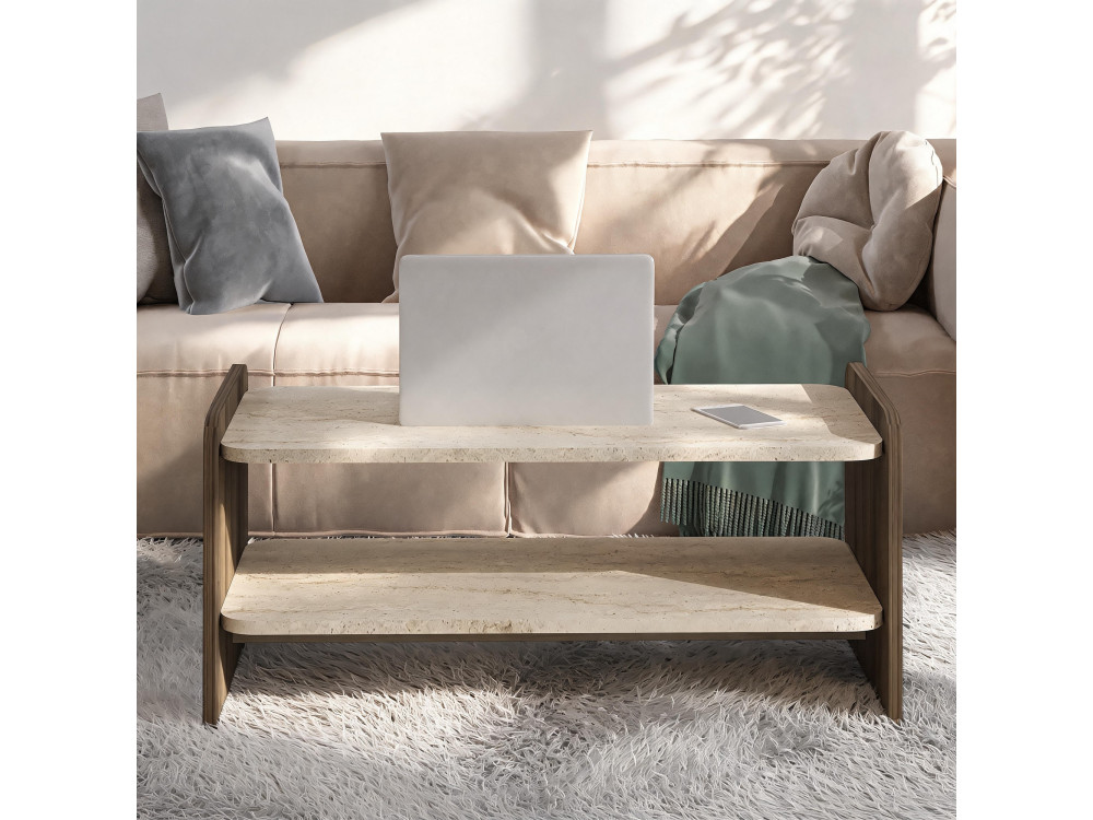 "Amon" Wooden Coffee Table - 89.8 x 39.8 x 44.8 cm - Travertine / Antique Walnut