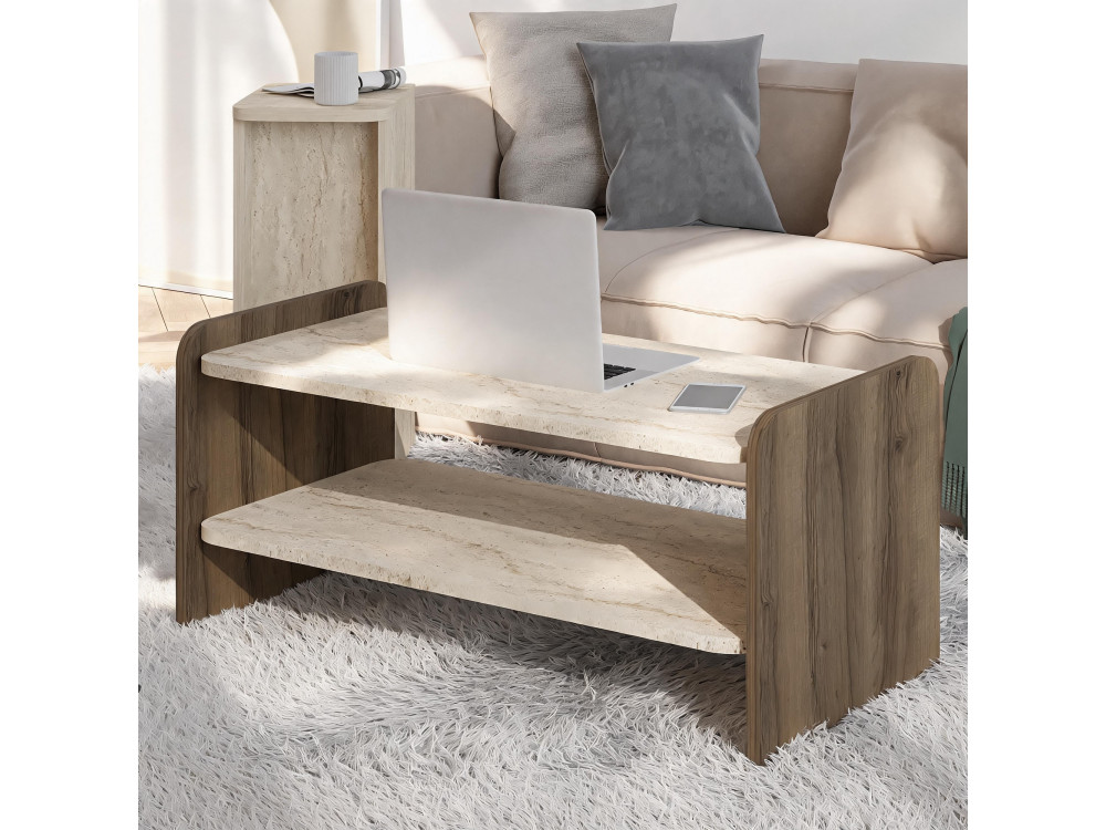 "Amon" Wooden Coffee Table - 89.8 x 39.8 x 44.8 cm - Travertine / Antique Walnut
