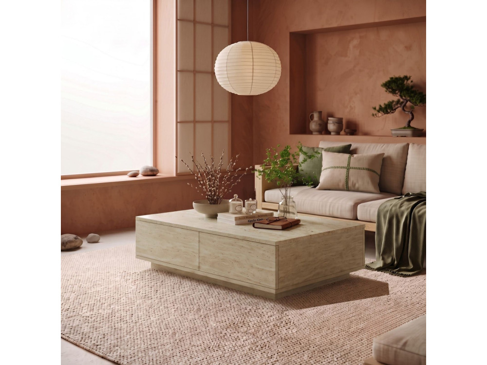 "Ave14" Wooden Coffee Table - 90 x 60 x 28 cm - Travertine