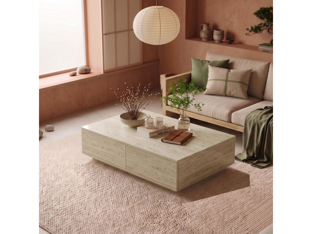 "Ave14" Wooden Coffee Table - 90 x 60 x 28 cm - Travertine