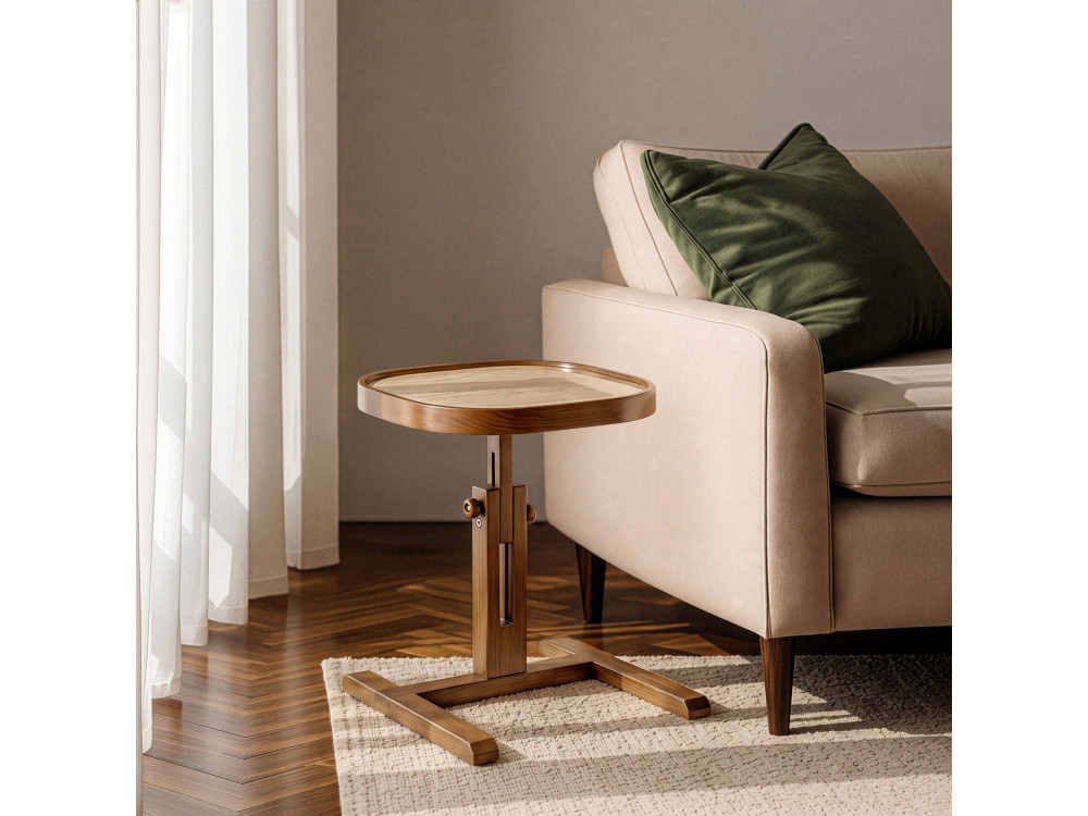 "Opus Kare 42" Wooden Side Table - 42 x 42 x 57 cm - Walnut / Travertine