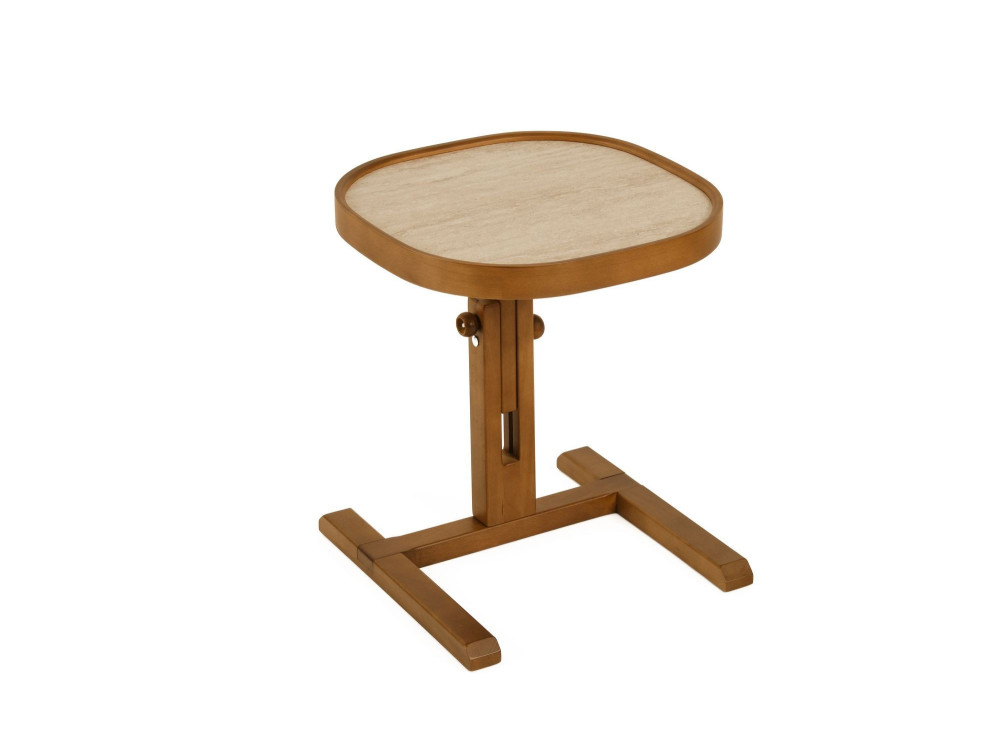 "Opus Kare 42" Wooden Side Table - 42 x 42 x 57 cm - Walnut / Travertine