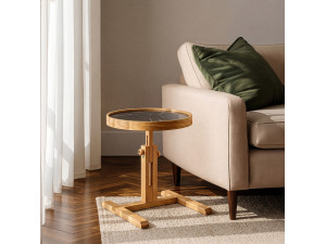 "Opus Yuvarlak 40" Wooden Side Table - 40 x 40 x 57 cm - Oak / Black Marble