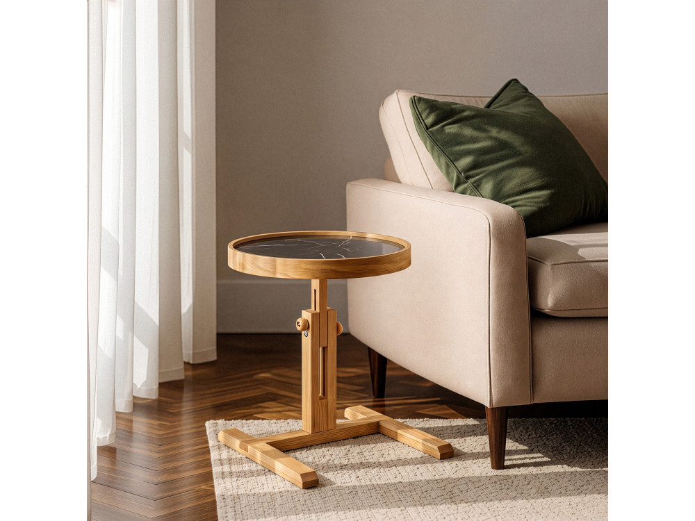 "Opus Yuvarlak 40" Wooden Side Table - 40 x 40 x 57 cm - Oak / Black Marble