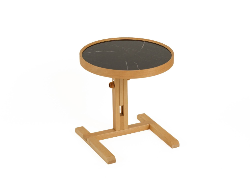 "Opus Yuvarlak 40" Wooden Side Table - 40 x 40 x 57 cm - Oak / Black Marble