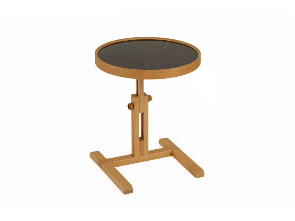 "Opus Yuvarlak 40" Wooden Side Table - 40 x 40 x 57 cm - Oak / Black Marble