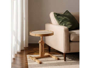 "Opus Yuvarlak 40" Wooden Side Table - 40 x 40 x 57 cm - Oak / Travertine