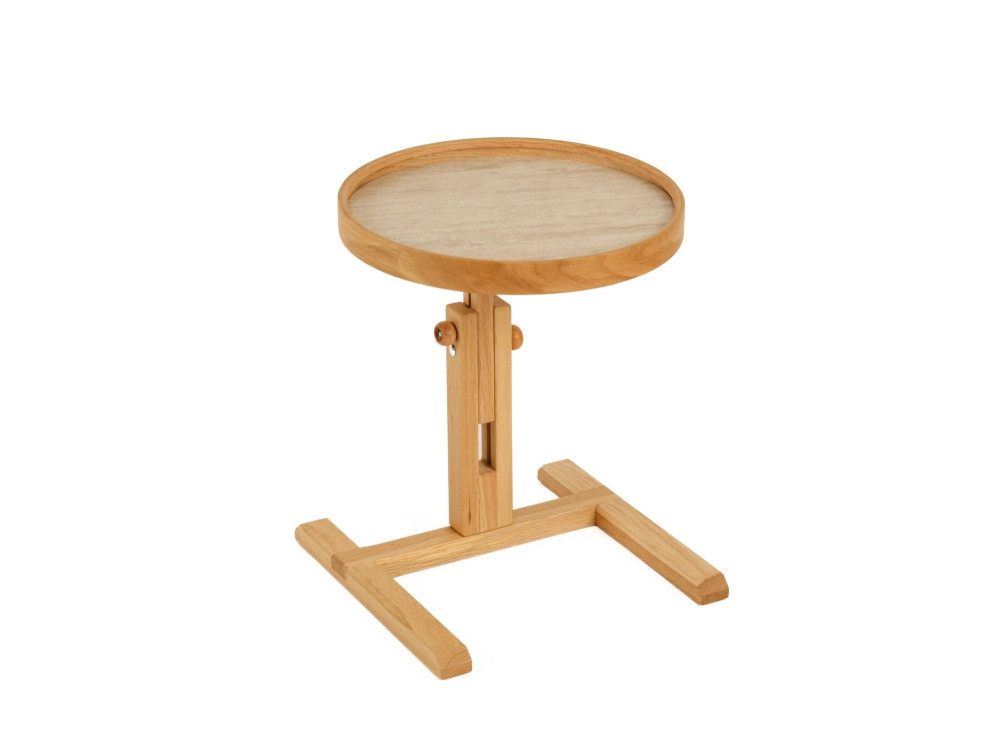 "Opus Yuvarlak 40" Wooden Side Table - 40 x 40 x 57 cm - Oak / Travertine