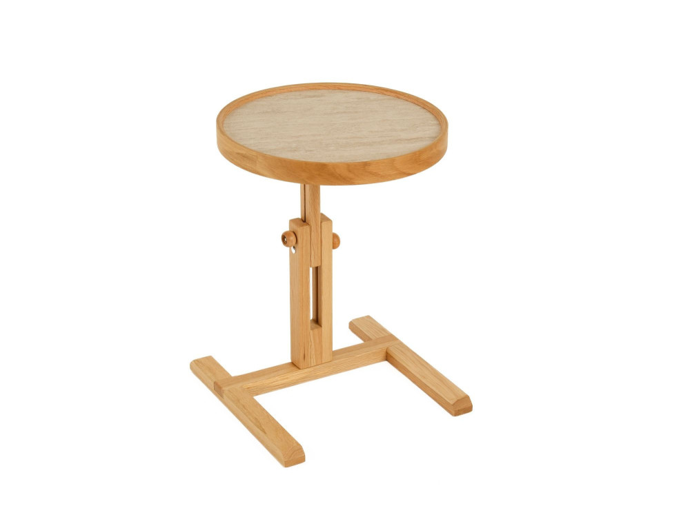 "Opus Yuvarlak 40" Wooden Side Table - 40 x 40 x 57 cm - Oak / Travertine