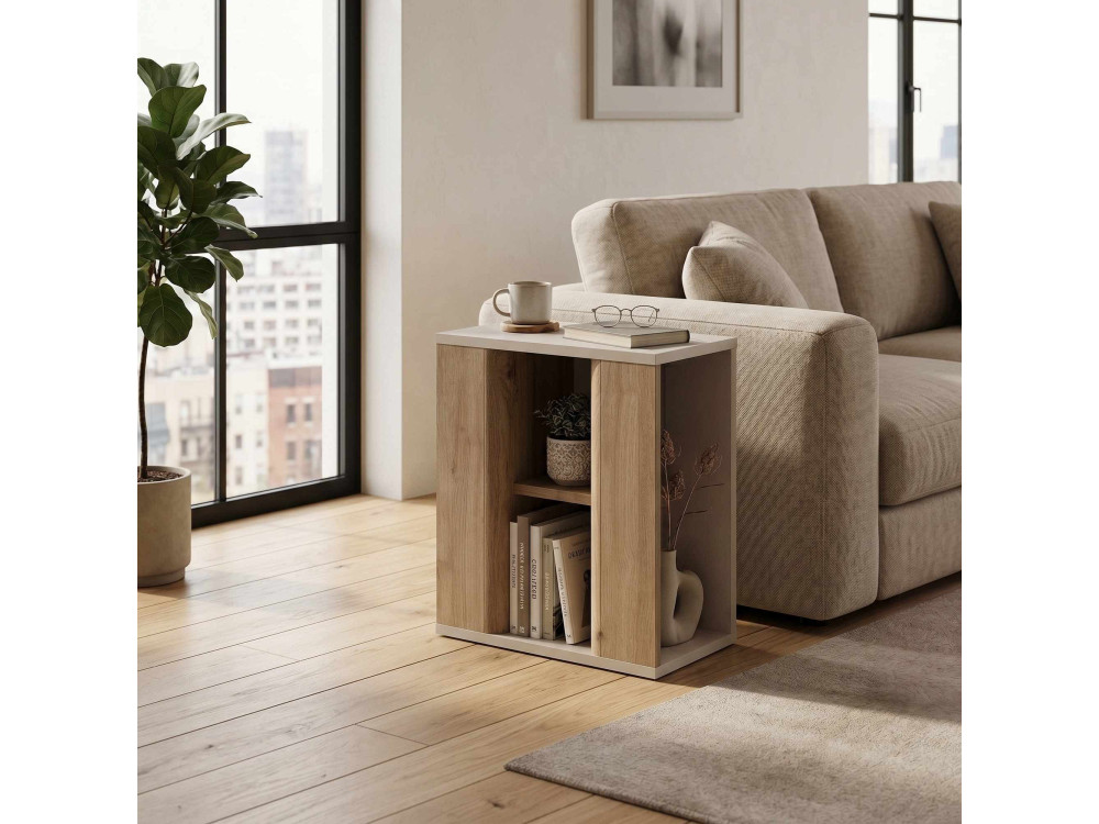 "VENTRO" Wooden Side Table - 45 x 25 x 51 cm - Natural / Stoneware