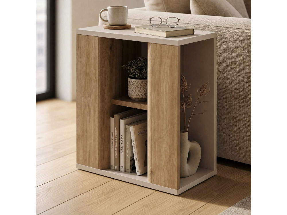 "VENTRO" Wooden Side Table - 45 x 25 x 51 cm - Natural / Stoneware